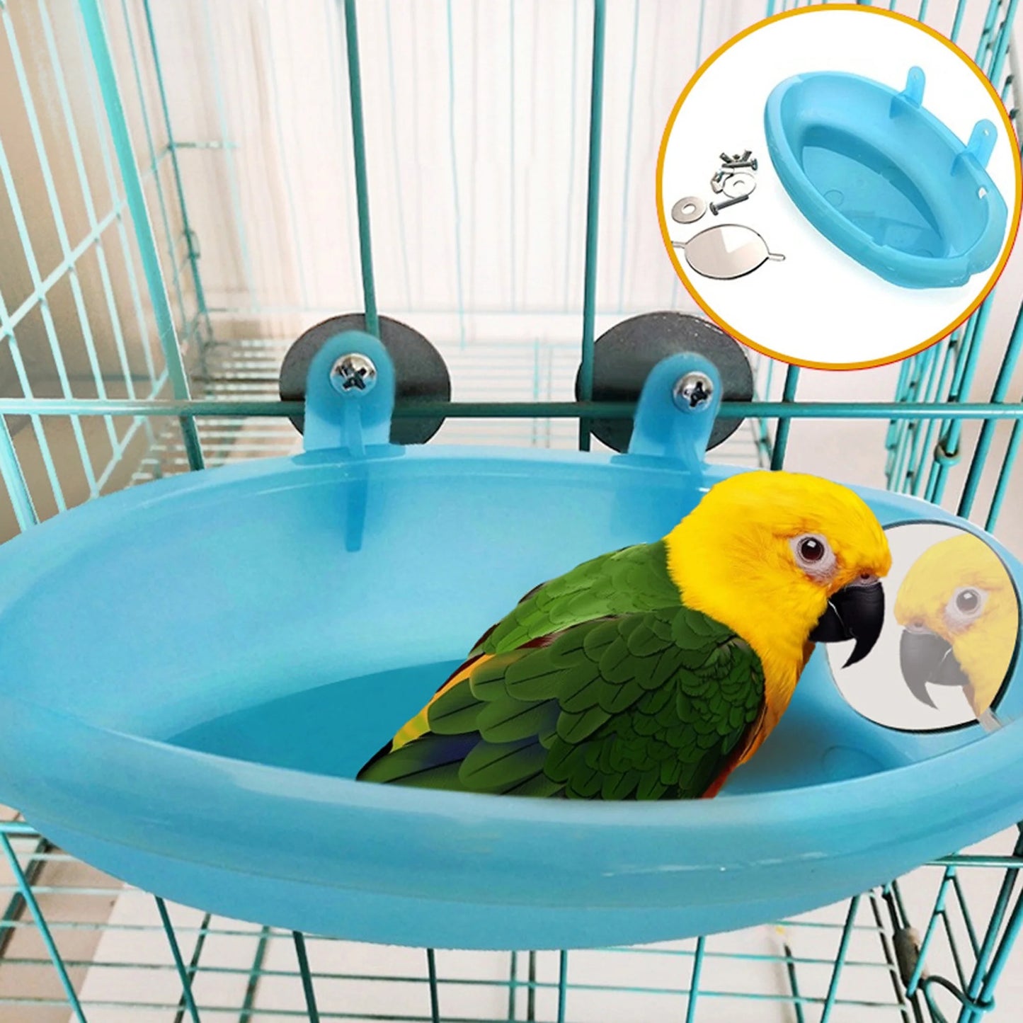 Mirrored Bird Bath Basin – Cage-Mount Shower & Play Toy for Parrots & Small Birds