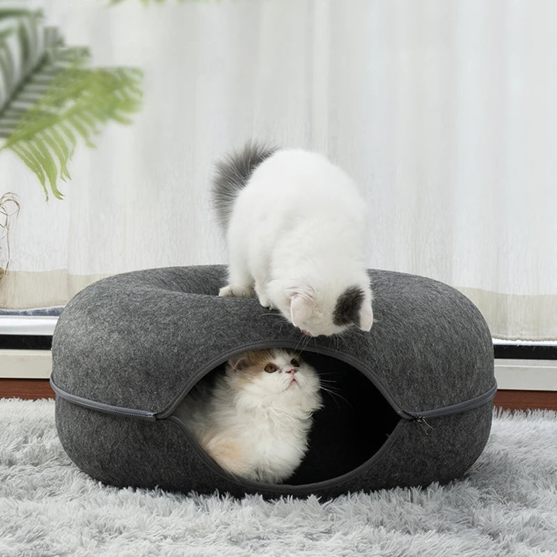 PurrPlay™ Donut Cat Tunnel Bed – Interactive Hideaway & Lounger for Kittens & Cats