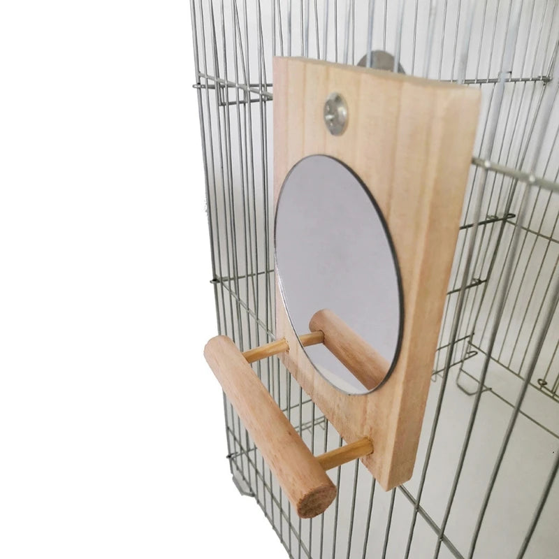 Hanging Bird Mirror with Wooden Perch – Fun Cage Toy for Cockatiels, Conures & Small Parrots