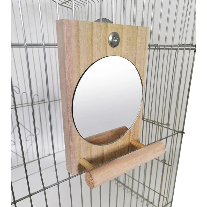 Hanging Bird Mirror with Wooden Perch – Fun Cage Toy for Cockatiels, Conures & Small Parrots