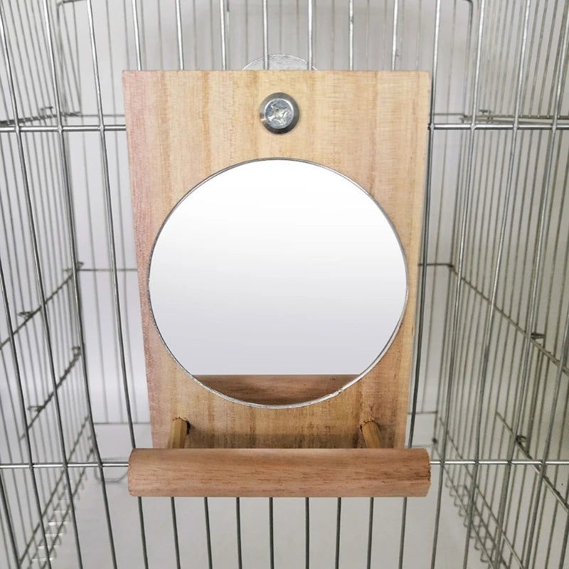Hanging Bird Mirror with Wooden Perch – Fun Cage Toy for Cockatiels, Conures & Small Parrots