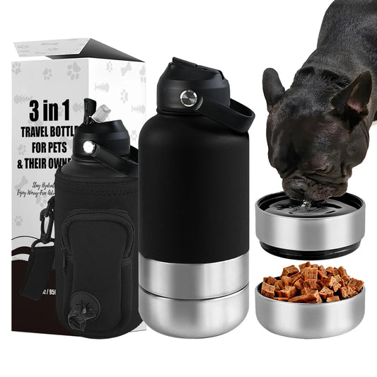 OKKPETS 3-in-1 Dog Travel Bottle – 32oz Stainless Steel Water & Food Feeder