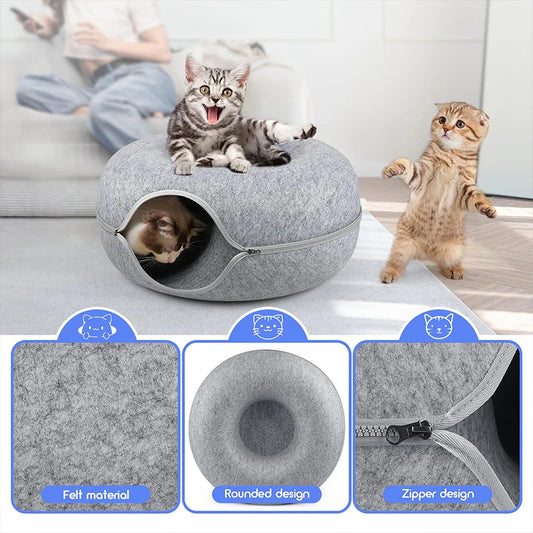 PurrPlay™ Donut Cat Tunnel Bed – Interactive Hideaway & Lounger for Kittens & Cats