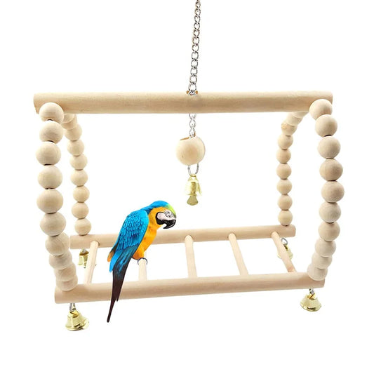 Wooden Bird Swing & Climbing Ladder Toy – Hanging Playstand with Bells for Parrots & Macaws