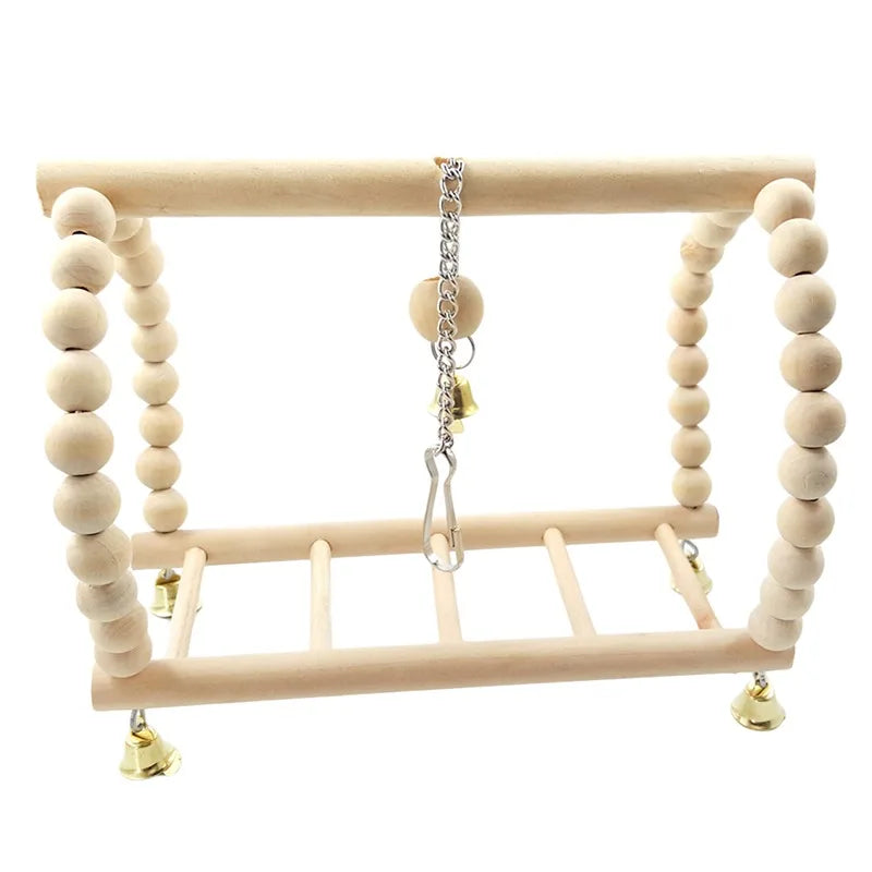 Wooden Bird Swing & Climbing Ladder Toy – Hanging Playstand with Bells for Parrots & Macaws