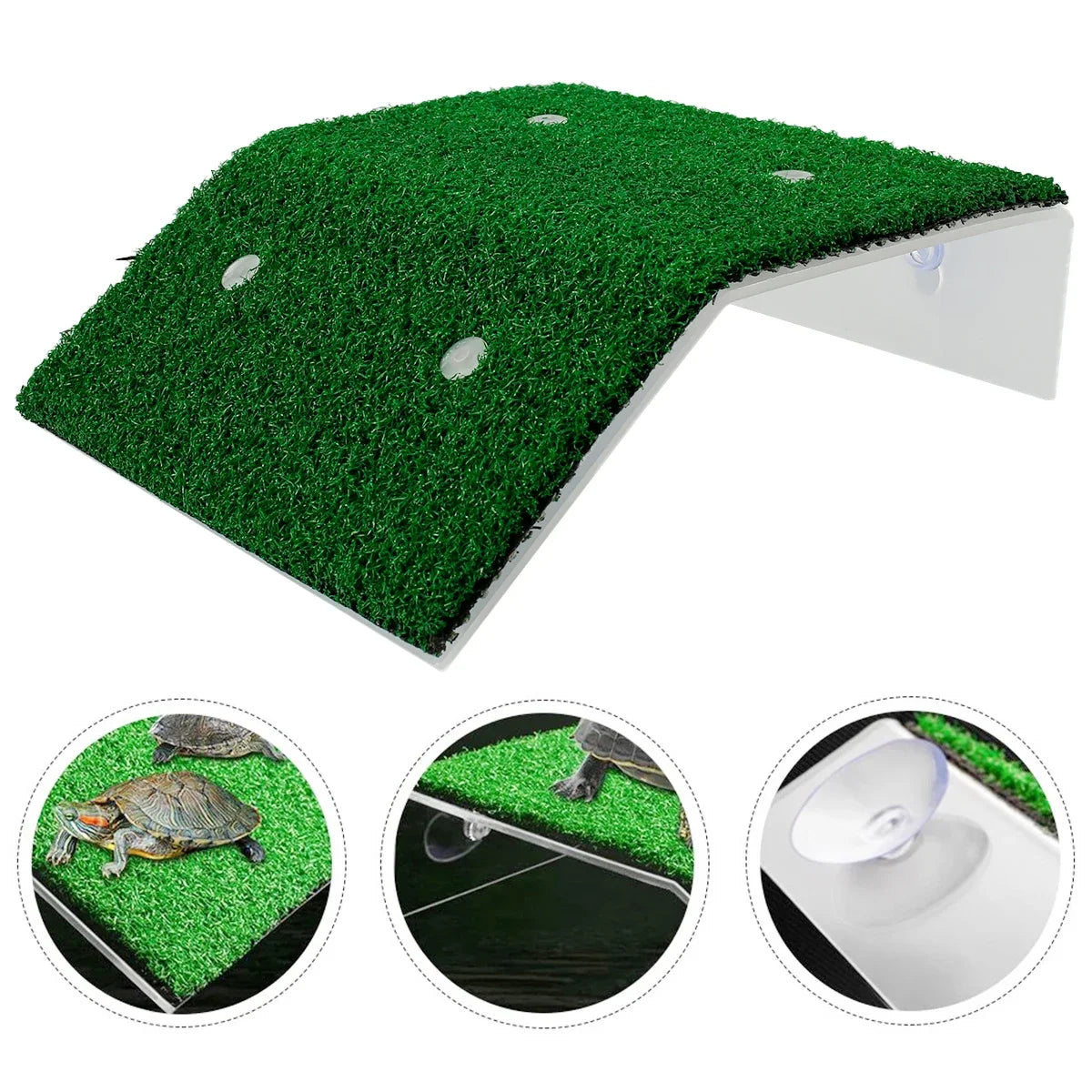 Floating Turtle Basking Platform – Suction-Cup Ramp with Simulated Grass for Aquariums & Terrariums