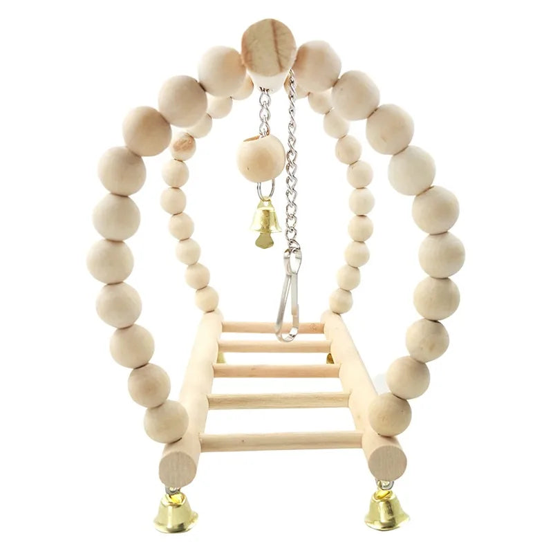 Wooden Bird Swing & Climbing Ladder Toy – Hanging Playstand with Bells for Parrots & Macaws