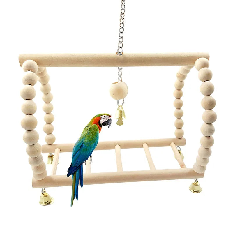 Wooden Bird Swing & Climbing Ladder Toy – Hanging Playstand with Bells for Parrots & Macaws