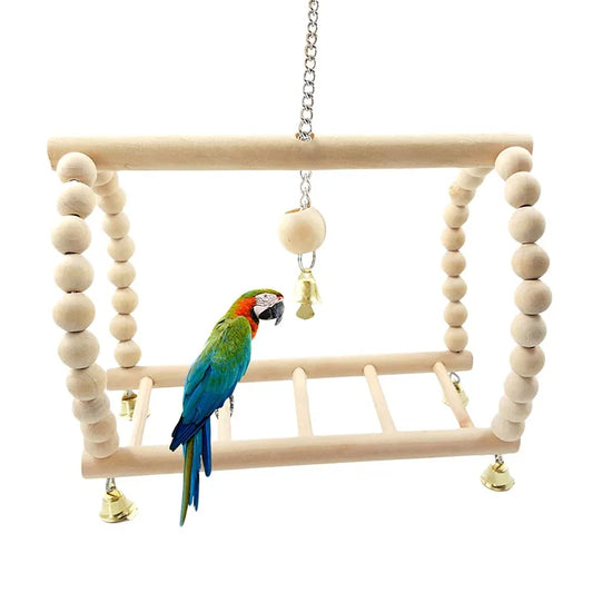 Wooden Bird Swing & Climbing Ladder Toy – Hanging Playstand with Bells for Parrots & Macaws