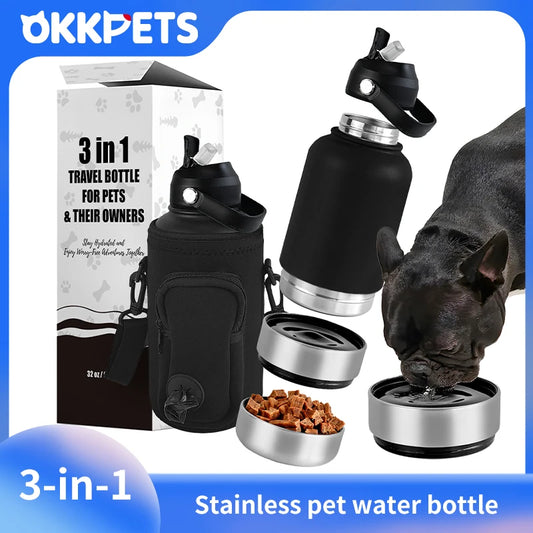 OKKPETS 3-in-1 Dog Travel Bottle – 32oz Stainless Steel Water & Food Feeder