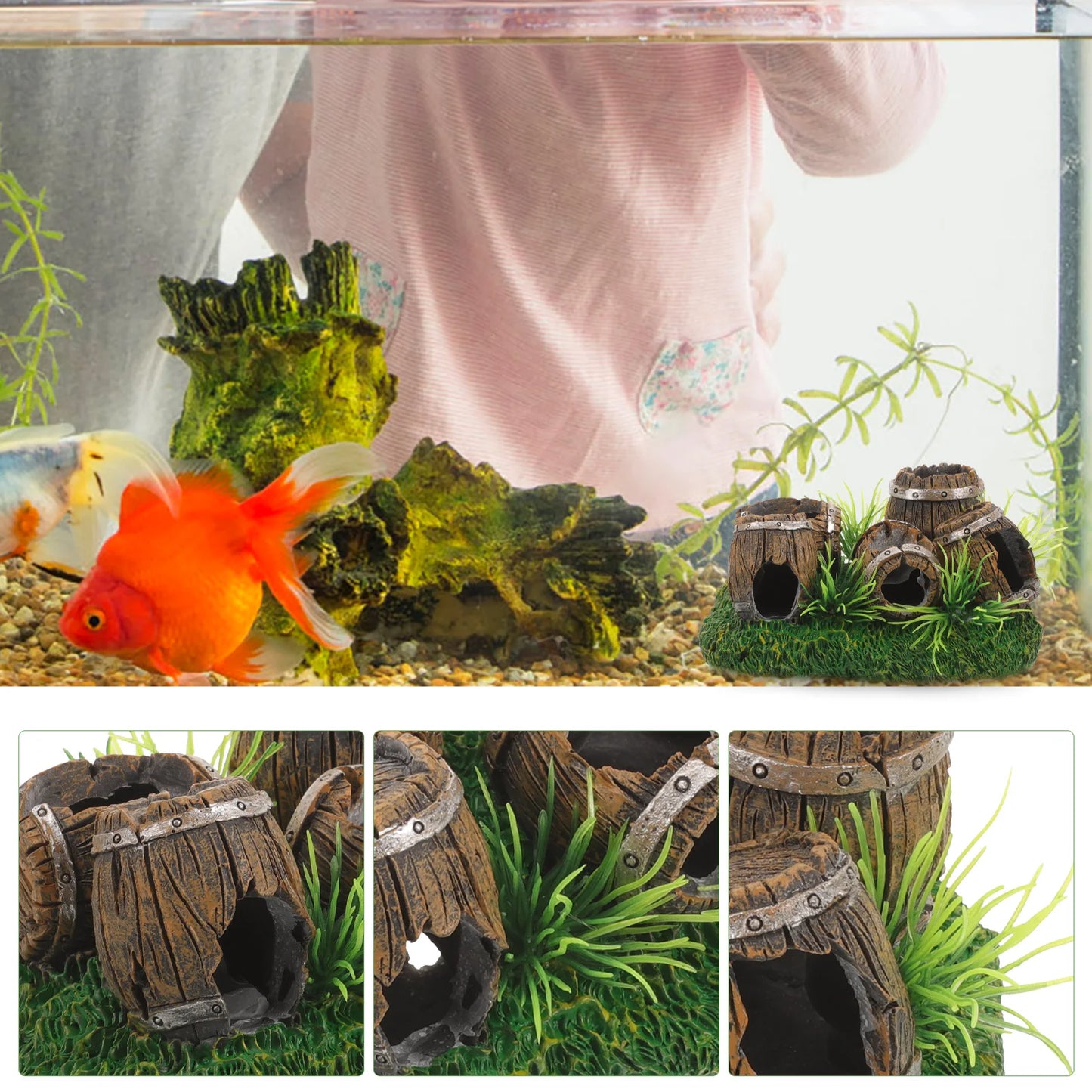 Rustic Barrel Aquarium Hideout – Wooden Fish Tank Cave & Shrimp Shelter