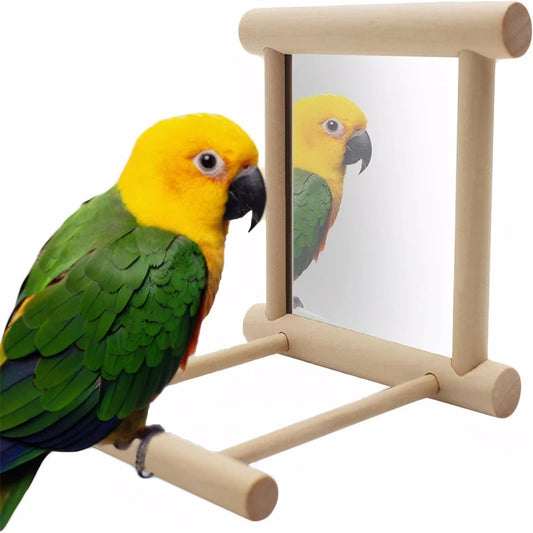 Wooden Bird Mirror with Perch – Interactive Cage Toy for Parrots, Parakeets & Cockatiels
